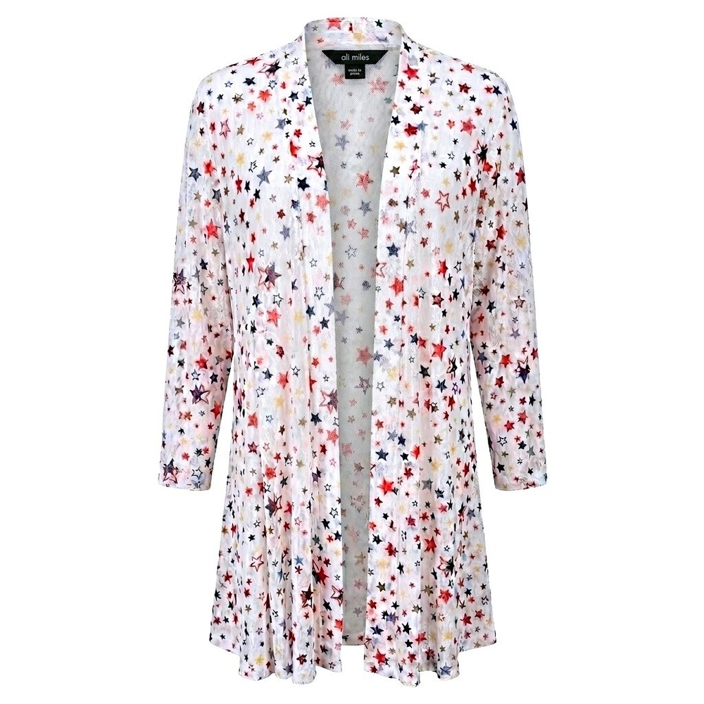 NEW Ali Miles Women's‎ XL Star Open Front Cardigan White Red Blue Patriotic Mesh